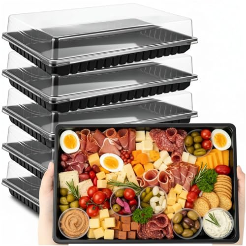 Shellwei 5 Pack Extra Large Charcuterie Board with Lids 15 x 10 Inch Plastic Catering Trays for Cookies Desserts Candy Reusable Serving Platters for Travel Party