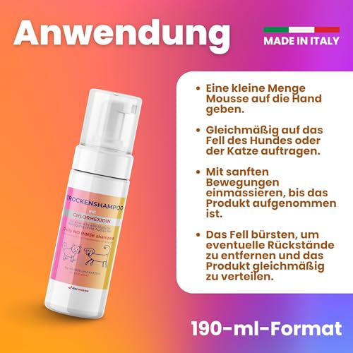 Dermazoo Trockenshampoo für Hunde und Katzen mit Chlorhexidin ohne Ausspülen, 190 ml, Mousse für schnelle und vollständige Anwendung, Shampoo für Hunde und Katzen, geruchlos