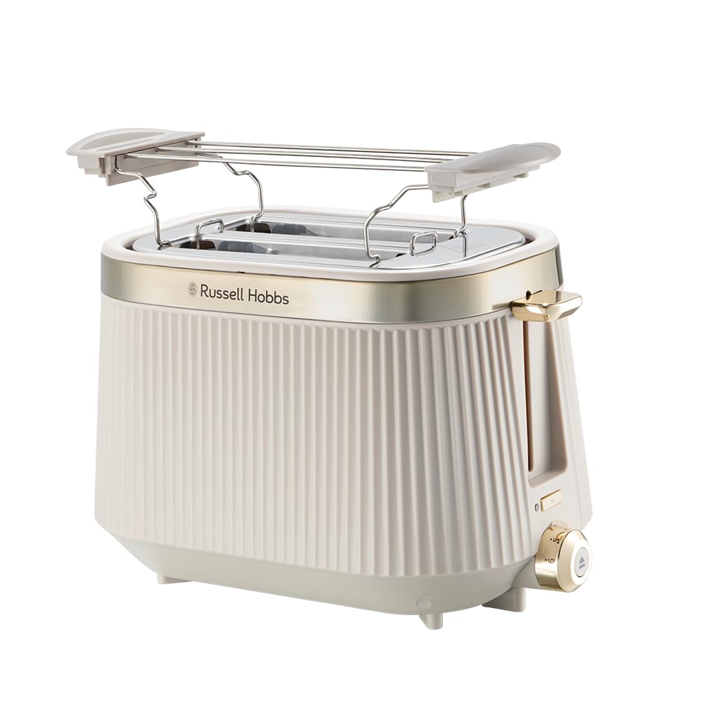 Russell Hobbs Grille pain [pour 2 tranches] Brontë Stone (6 réglages, finition beige mate, accents dorés, décongélation, réchauffage, surélévation, Lift et Look, support pour petits pains) 26761-56