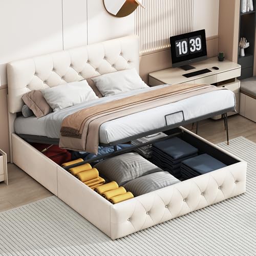 QMTXBYJ - Cama de 140 x 200 cm con somier de láminas, camas dobles de 140 x 200 cm con cabecera, camas acolchadas con almacenamiento, marco de madera para cama de matrimonio para adultos, sin colchón