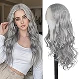 Grey Wig 26 inch Long Wavy Silver Wigs for Women, 13X4X1 HD T-part Synthetic Lace Front Wig Natural Looking As Human Hair Middle Part Pre Plucked Glueless Wigs for Daily Party Cosplay Use