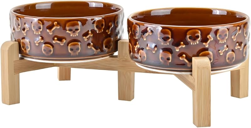 Comedouro Elevado para Cães e Gatos em Cerâmica com Suporte de Bambu, 13,5 oz (aprox. 383 g), Skull Bronze – SPUNKYJUNKY