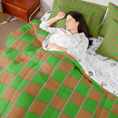 Image of Erosebridal Gaming Checkered King Bed in A Bag 7 Piece Gamer Plaid Comforter Set with Sheets Checkerboard Games Bedding Sets for Kids Adults,Geometric Grids Bed Set