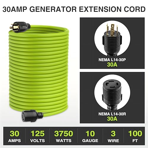 Image of Nilight 100FT 30 Amp Generator Extension Cord 10 /3 Gauge L14-30P to L14-30R | 125V Heavy Duty Pure Copper STW Wire UL ETL Listed 3 Prong Weatherproof Suit for Camper Outdoor Use Bright Green