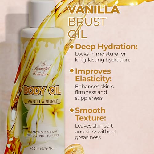 Image of Body oil designed for Deep Hydration to nourish, protect, and rejuvenate the skin while leaving it with a soft, radiant glow and a vanilla scent long -lasting fragrance jojoba oil and more 6.76oz
