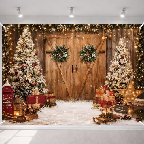 Image of Christmas Decorations - Rustic Xmas Tree Snowy Barn Wood Door Backdrop