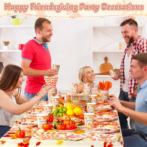 Image of Funnymoom 452 Pcs Happy Friendsgiving Party Decoration for 50, Fall Maple Leaf Friends Giving Paper Plates Napkins Cups Tablecloth Cutlery Straws for Autumn Friendsgiving Thanksgiving Party Supplies