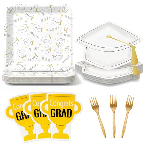 Graduation Party Supplies Tableware Set 100 Pcs White Grad Cap-Shaped Square Paper Plates and Trophy Napkins Forks for Class of 2026 College High School Congrats Graduation Party Decorations Serve 25
