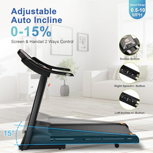 Image of Treadmills for Home, Treadmill with 0-15% Auto, 4.0HP Folding Electric Treadmil, 20 inch Wide Running Machine with Bluetooth Speaker & Pulse Monitor, 350 LBS Weight Capacity