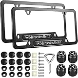 2PCS License Plate Frames for Mercedes Benz, Black Car License Plate Bracket Holder, Premium Aluminum Alloy Weather Proof License Plate Covers with Screw Caps Cover Set Car Accessories