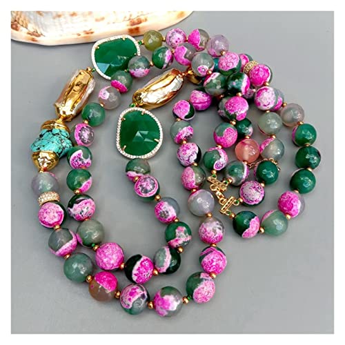 2 Strands Fuchsia Green Faceted Agate White Biwa Pearl Crystal Turquoise Choker Necklace #TOP4