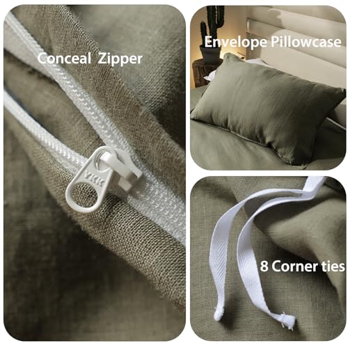 Image of XZ XIFA 100% Washed French Flax Linen Duvet Cover Set - 2 Pieces, Cooling & Textured Farmhouse Bedding for Hot Sleepers, with Zipper Closure (Olive Green, Twin)
