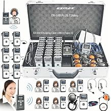EXMAX EX-100 Wireless Tour Guide Monitoring Voice Audio Transmission System+Aluminium Charging Case for Teaching Tour guides Silent Conference Church Museum City Tour 2 Transmitters and 30 Receivers