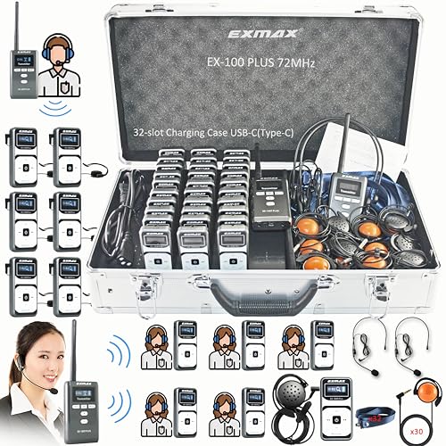 EXMAX EX-100 Wireless Tour Guide Monitoring Voice Audio Transmission System+Aluminium Charging Case for Teaching Tour guides Silent Conference Church Museum City Tour (2 Transmitters and 30 Receivers)