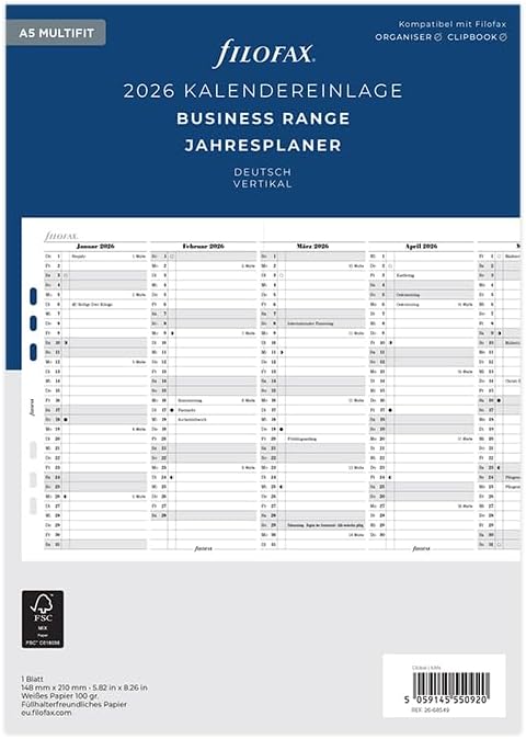 Filofax A5 Multi Year Planner, Vertical (German) 2026