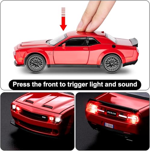 Image of 1:24 Big Size Dodge Challenger Scale Model Car - Exclusive Alloy Metal Pull Back Die Cast Car Toy with Openable Doors, Light & Music - Best Gifts for Kids【Colors as Per Stock】