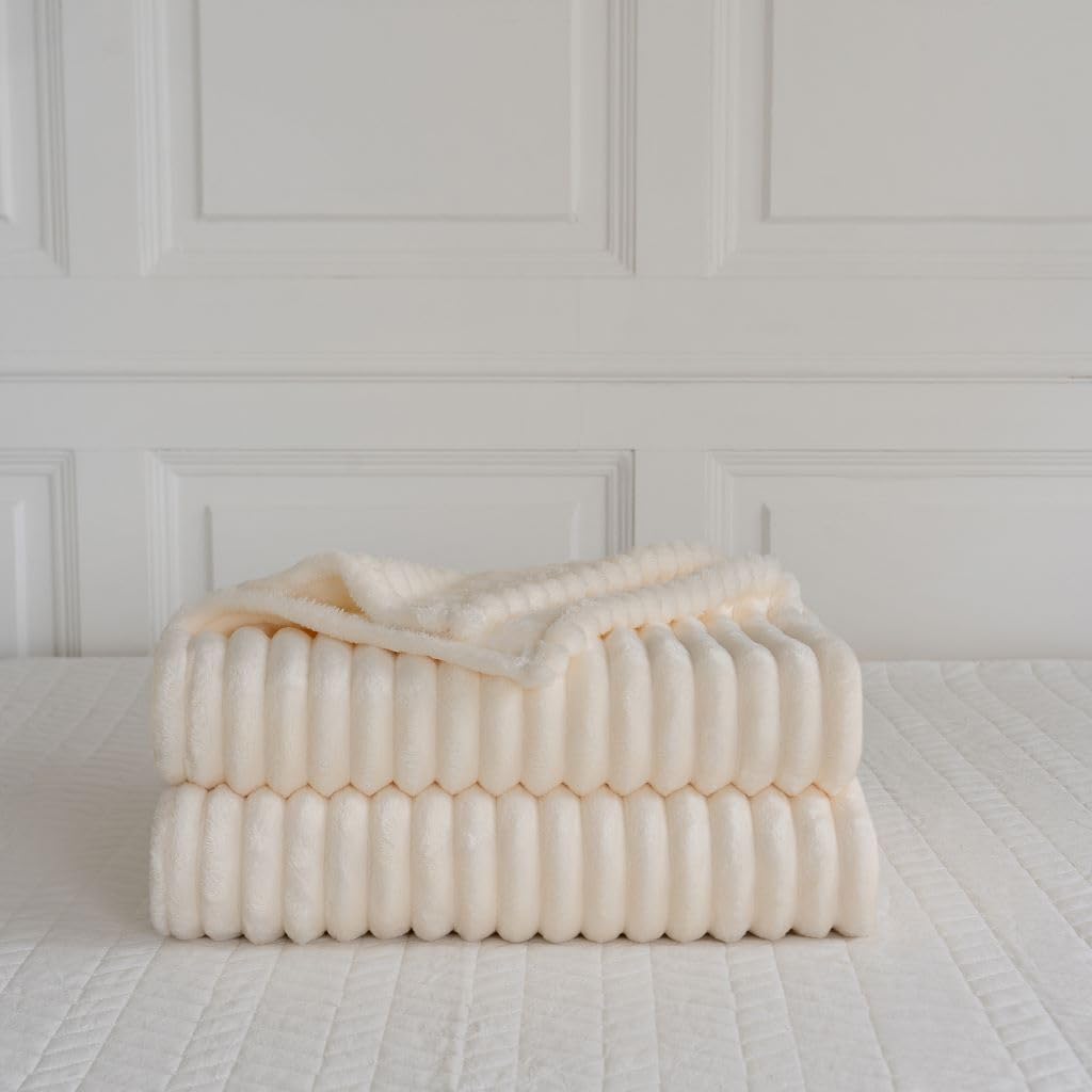LIZZIE JACOBS New Chunky Cord Teddy Sherpa Fleece Throws Super Soft Warm Cosy Luxurious Sofa Settee Bed Throws Blankets For Kids and Adults (Ivory, Double - 150x200cm)