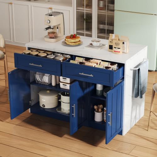 Merax Isla de cocina multifuncional de 120 x 60 x 91 cm con zona de bar, enchufes, conexiones USB, encimera de mármol, estantes ajustables y toallero – Ideal para cocina, cocina
