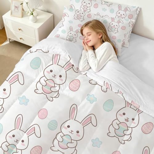 Image of Cute Easter Bunny Comforter Set Twin Size White Rabbit Bedding Set | Cute Cartoon Rabbit Holding Eggs Bedding Set for Kids Boys Girls, Soft Microfiber Bed Set with Pillowcase for Room Decor
