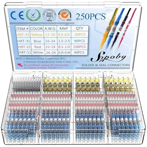 Sopoby 250PCS Solder Seal Wire Connectors Insulated Waterproof Electrical Wire Terminals Heat Shrink Solder Butt Connectors Solder Connector Kit for Automotive Marine Cover