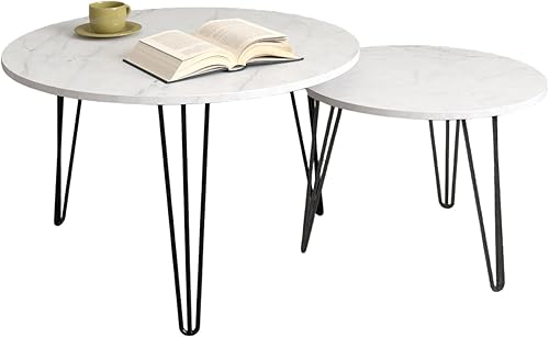 Miniatura 4 de Juego de 2 mesas auxiliares redondas de 27.56 pulgadas, juego de mesa auxiliar circular moderna con mesa de madera y base de metal para sala de