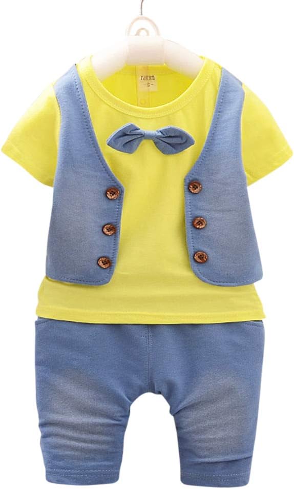 Hopscotch Baby Boys Cotton Waistcoat Style Bow Attached T-Shirt and Pant Set in Yellow Color for Ages 9-12 Months