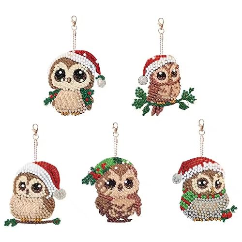 Syntego 5pcs 5D DIY Assorted Christmas Owl Diamond Painting Keyrings/Keychains Kit for Adults Double Sided Rhinestone Craft Pendant