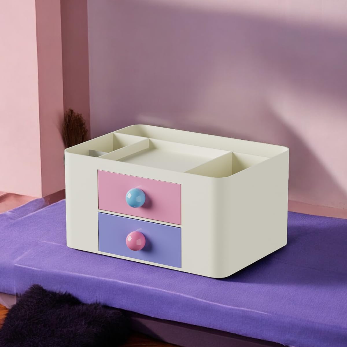 Organizer Da Scrivania Con 7 Scomparti E Cassetto | Portapenne Multifunzione Blu Per Ufficio - Foto 9