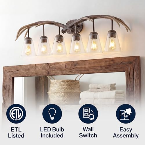 Image of JONATHAN Y 45 inch Brown Wood Finish 6-Light Resin Antlers Vanity Light Wall Sconce Rustic Farmhouse for Living Room Bathroom with Clear Seeded Glass Shades LED Bulbs Included JYL6317A