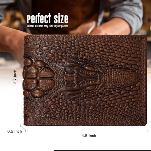 Image of Men's Top Grain Leather Wallet with Crocodile 3D Print | 8 Card Slots Bifold Wallet | RFID Protected (Maroon)