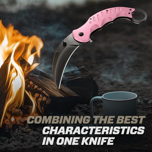 Image of GOOD WORKER Pink Karambit Folding Knife - SharpTiger Claw Blade with Liner Lock and Aluminum Handle - Best Pocket Knives for Military Hunting Camping EDC for Men - Gifts for Women X-42 P