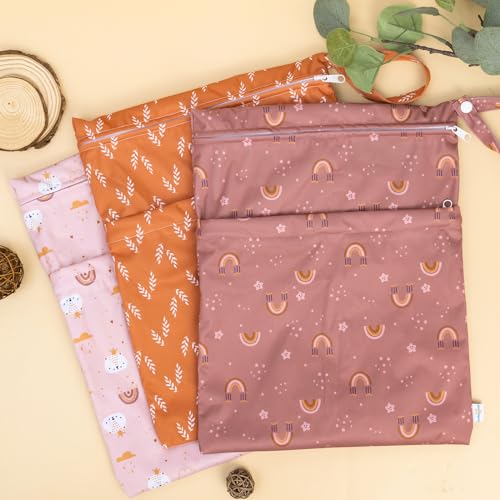 Image of Babygoal Wet Dry Bags for Baby Cloth Diapers, Washable Travel Bags, Beach, Pool, Gym Bag for Swimsuits & Wet Clothes with Two Zippered Pockets 3 Pack, 3LN15