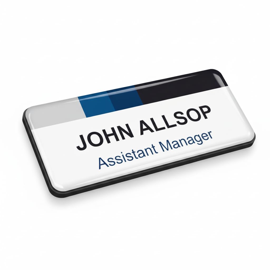 Badgemaster Grey Blue Black Horizontal Transition Personalised Premium Domed Bespoke Custom Name Badge 76 x 32mm White Black