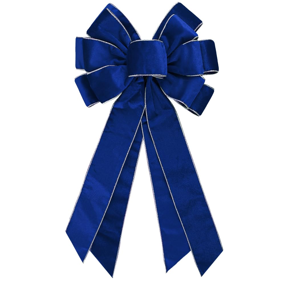Lazo azul de Navidad grande de terciopelo vintage con borde dorado para corona