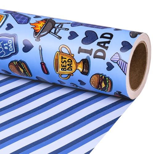 RUSPEPA Fathers Day Reversible Wrapping Paper Roll Mini Roll Fun Dad Icons & Blue Stripe Double-Sided Gift Wrap for Men Dad Husband Grandpa Birthday Fathers Day Party 17 Inches x 16.4 Feet