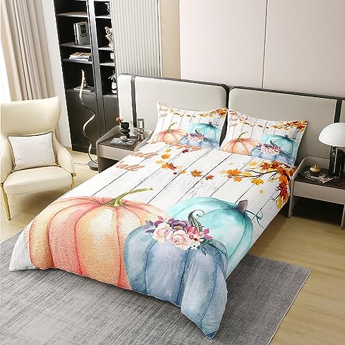 Homewish Cotton Fall Pumpkin Duvet Cover,Thanksgiving Bedding Set Super King,Rustic Farmhouse Maple Leaves Comforter Cover,Autumn Harvest Season Bed Sets with 2 Pillowcases,Watercolor Orange Blue - Image 2