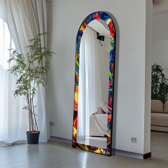 Specchio da terra con motivo astratto arcobaleno a vortice, lunghezza completa, 50,8 cm x 160 cm (larghezza x altezza), con cornice nera e cornice argentata