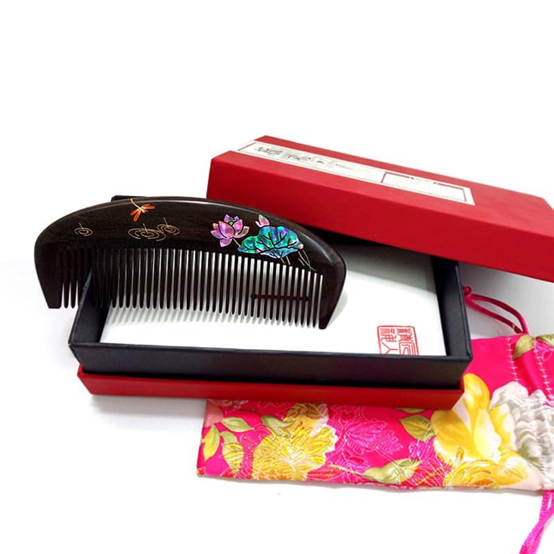 QinXingBaiHuoDian For Ancient Wooden Comb Women's and Men's Hair Comb 荷花蜻蜓檀木梳子螺钿镶嵌漆艺彩绘梳文创商务礼品(1Pcs 荷花蜻蜓檀木梳礼盒装（不含发簪）)
