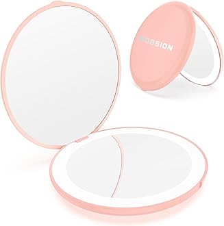 WOBSION Compact Mirror with Light, 1x/10x Magnifying Travel Makeup Mirror, LED Pocket Mirrors for Purse and Handbag, Handheld 2-Sided Small Folding Mirrors, Round, Pink