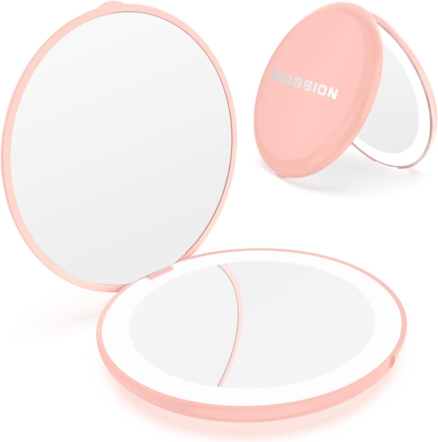 wobsion Compact Mirror with Light, 1x/10x Magnifying Led Travel Makeup Mirror, Handheld 2-Sided Pocket Mirror, Compact Magnifying Mirrors for Handbag, 3.5 inch Small Pocket Mirror Round, Pink