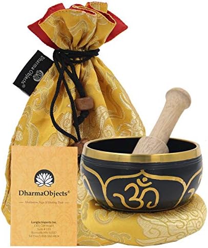 DharmaObjects ~ Tibetan OM Singing Bowl Set ~ With Mallet, Brocade Cushion & Carry Bag ~ For Meditation, Chakra Healing, Prayer, Yoga