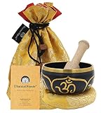 DharmaObjects ~ Tibetan OM Singing Bowl Set ~ With Mallet, Brocade Cushion & Carry Bag ~ For Meditat
