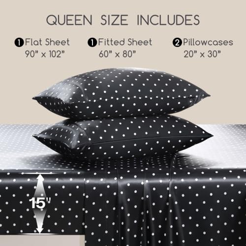 Image of MR&HM Satin Bed Sheets with Elastic Corner Straps, Queen Size Sheets Set, 4 Pcs Silky Bedding Set with 15 Inches Deep Pocket for Mattress (Queen, Polka Dot Black)