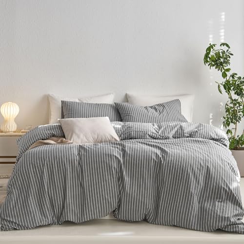 Image of MooMee Striped Duvet Cover Set 100% Washed Cotton Linen Like | Relaxed Linen-like Texture. Soft, Breathable & Long-lasting Comfort. Lightweight. Hidden Zipper with 8 Interior Corner Ties