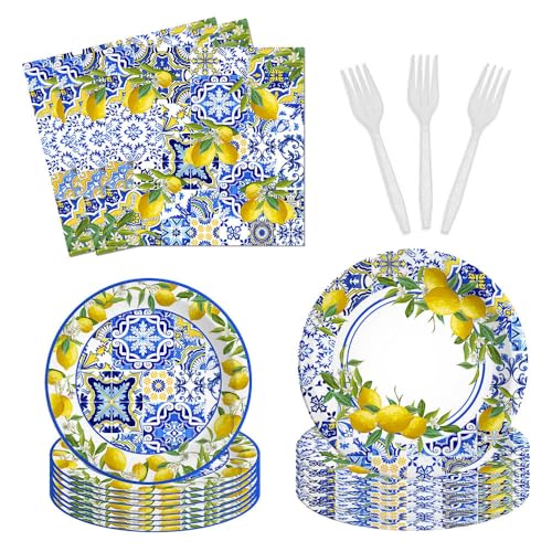 Fitumiw 96Pcs Lemon Themed Party Tableware Supplies Blue Tiles Lemon Plates and Napkins Summer Fruit Party Set Baby Shower Birthday Decorations for Kids Serve 24 Guests
