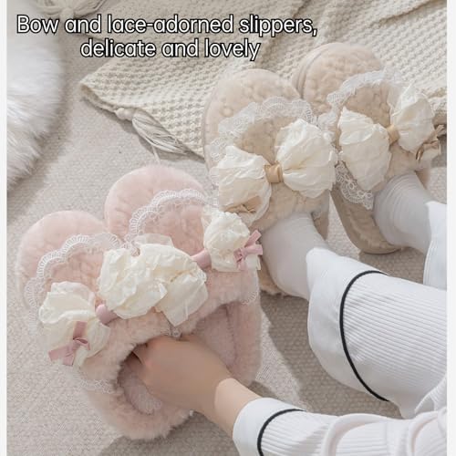 Warm & Fluffy Slippers, Bow & Lace-Adorned Easy On-Off, Indoor Outdoor Autumn Winter Use, Adorable Cute Comfy3