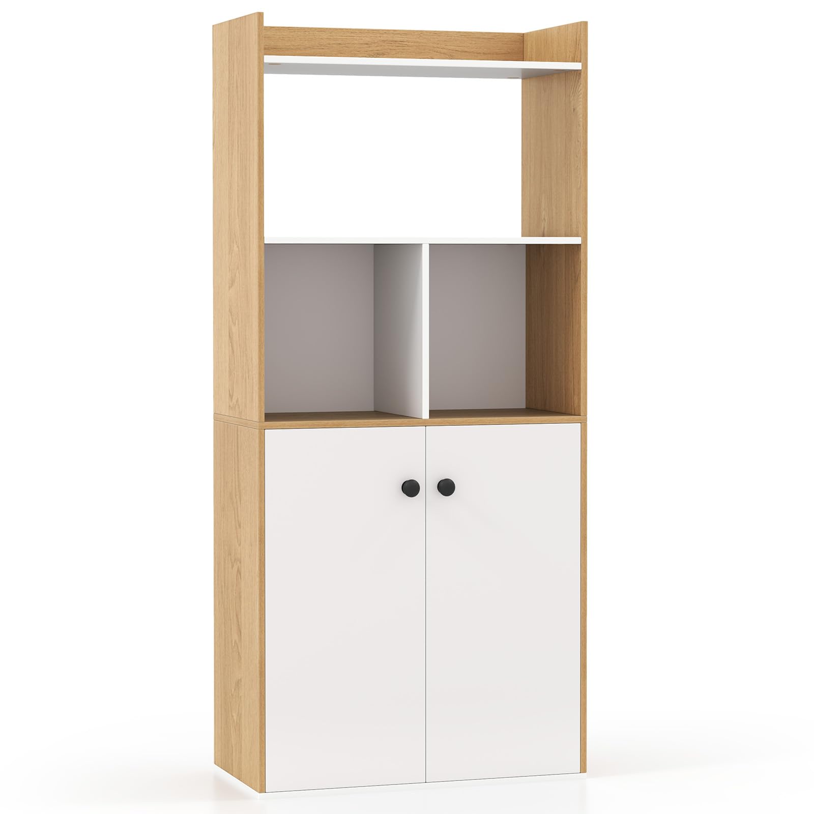 GIANTEX Librería de Madera 4 Niveles, Estantería de Libros con Estantes Abiertos y 2 Puertas, Kit Antivuelco, 60x30x140cm, Mueble de Almacenamiento para Salón, Dormitorio, Oficina (Natural+Blanco)