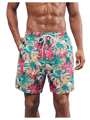 OYOANGLE Men's 7 Inch Tropical Print Swim Trunks Bathing Suit Beach Board Shorts Swimsuit