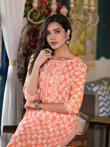 Image of Juniper Orange Ethnic Motif Printed Cotton Kurta & Pant Set With Lace