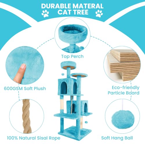 Image of 57inch Large Cat Tree Tower Condo for Indoor Cats, Soft Plush Multi-Level Climbing Tree Cat House with Cat Cave, Scratching Post, More Entrance /Exit, Sisal Rope, Light Blue